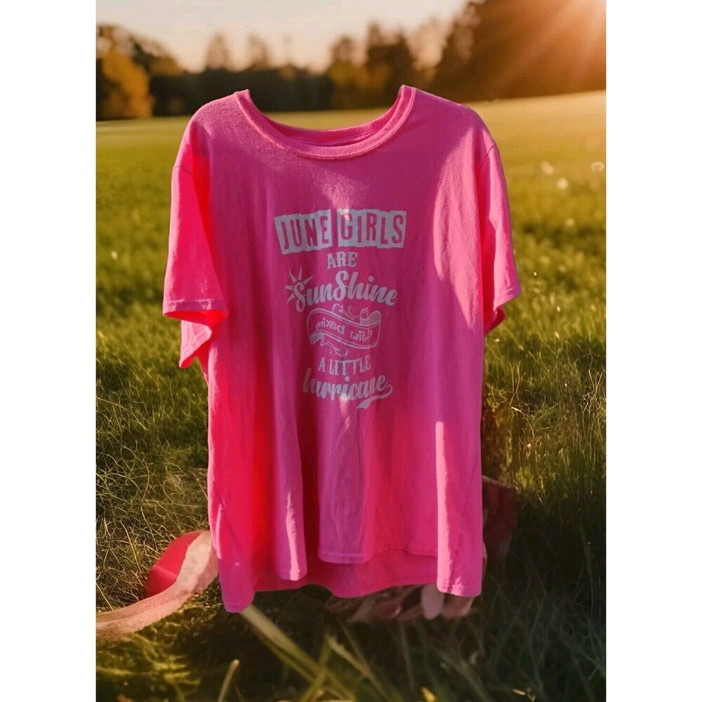 "June Girls Are Sunshine Mixed With A Little Hurricane" T Shirt Neon Pink Sz 3XL